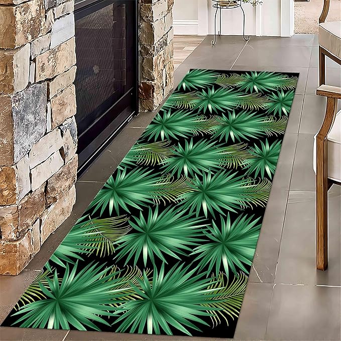 Plant Leaf Runner Rug, 2.6x10ft, Tropical Green Palm Leaves Washable Rugs Runner Kitchen Carpet, Non-Slip Plant Leaves Non-Shedding Low Pile Modern Rug for Hallway Bedroom Laundry Room