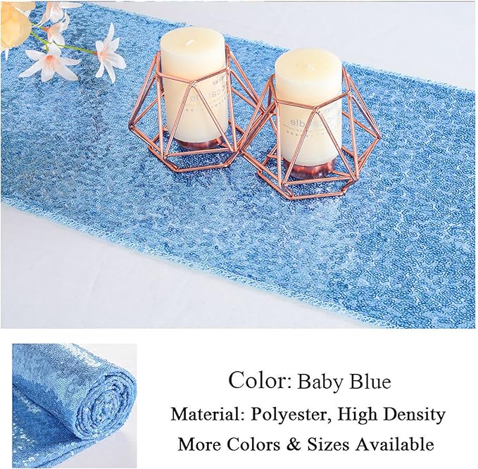 ShinyBeauty Baby Blue Table Runner 2 Pack 12''X108'' Sequin Table Runner Sequence Light Blue Table Runners 108 Inches Sparkle Party Table Runner Wedding Decor