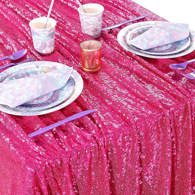 QueenDream Hot Pink Tablecloth 60 x 102 Inch Sequin Tablecloth Fuchsia Sparkly Tableclothfor Bridal Baby Shower Wedding Christmas Decorations
