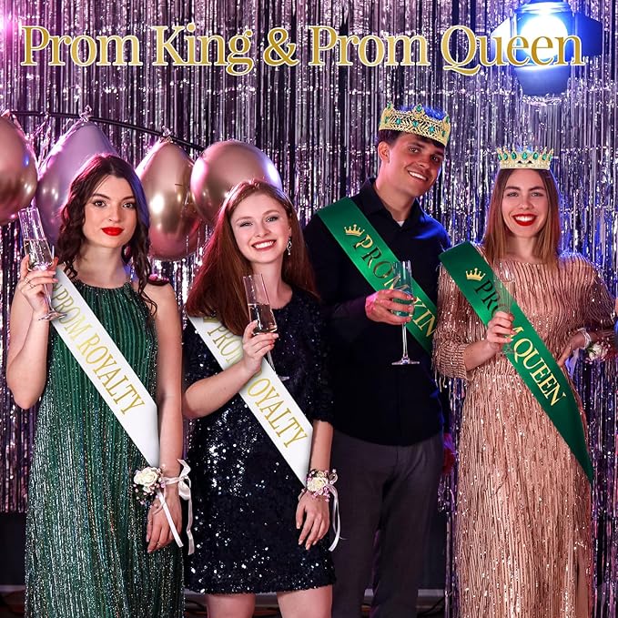 Saintrygo 12 Pcs Prom Crown and Sash Set, Prom King and Queen Tiara Rhinestone Crown Glitter Court Royal Satin Sash for 2026 Graduation Ball Dance Night Party Birthday Accessory(Green,Elegant)