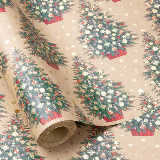 RUSPEPA Kraft Christmas Wrapping Paper Roll, Mini Roll, Gold Foil Christmas Tree Design, Elegent Kraft Gift Wrap Paper Great for Xmas Gifts, Winter and Holidays, 17 Inches X 16.4 Feet