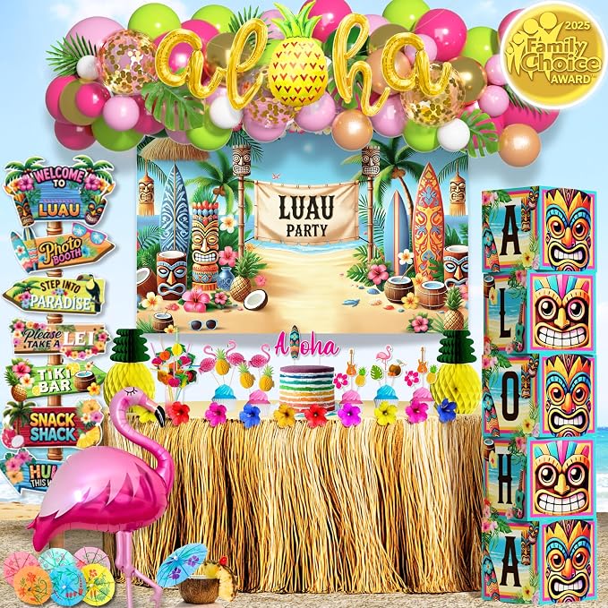 180 Pc Luau Party Decorations Set – Hawaiian Birthday Party Decorations | 2025 Family Choice Award winner – backdrop, balloons, tiki boxes, table skirt, toppers, umbrellas, straws, signs & much more