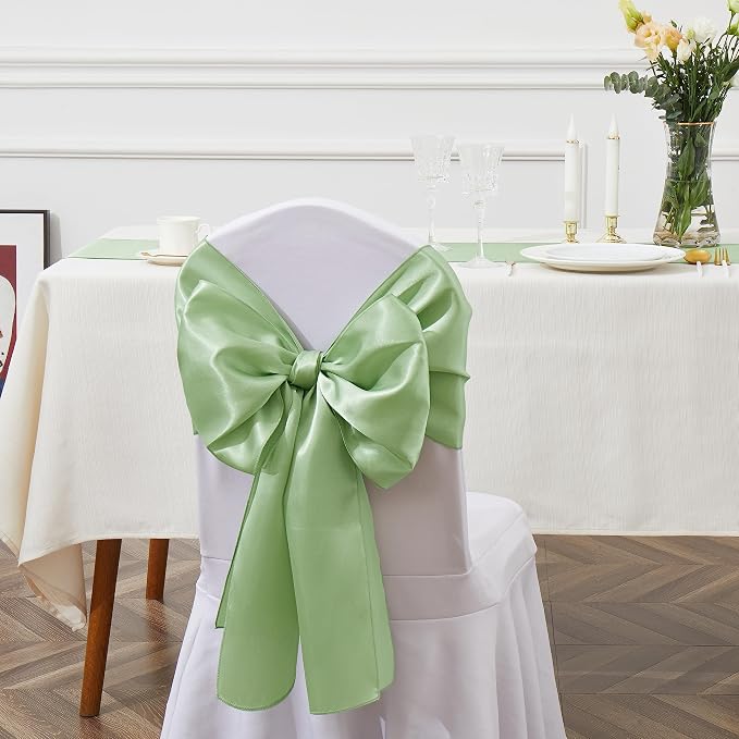 10 Pcs Sage Green Satin Chair Sashes Bows Universal Chair Cover for Wedding Reception Events Banquets Party, Hotel Event Decorations, 6 x 108 inch