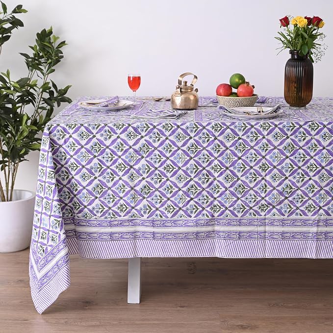 Hand Block Printed Tablecloth, Colorful Floral Print, Indian Artisan Handmade Art, Dining Room, Kitchen, Outdoor Décor, (Royal Purple Flora, 10 Seater 72 x 118 Inches Rectangle)