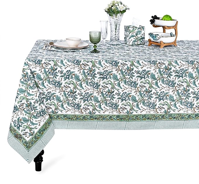 Ridhi Sage and Russian Green Hand Block Print Cotton Rectangle Tablecloth 160" x 72" inches Reusable Table Cover Decorative Everyday Use for Dining Room, Farmhouse, Home Gift for Spring, Mother's Day