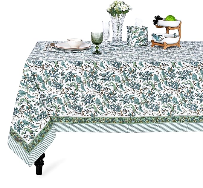 Ridhi Sage and Russian Green Hand Block Print Cotton Rectangle Tablecloth 120" x 80" inches Reusable Table Cover Decorative Everyday Use for Dining Room, Farmhouse, Home Gift for Spring, Mother's Day