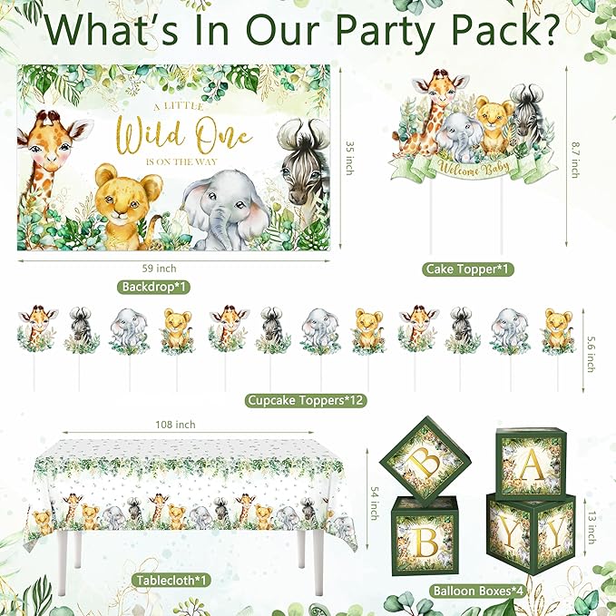 JOPHMO Safari Baby Shower Decorations for Boy - 116 Pcs Wild One Birthday Decorations Jungle Theme Baby Shower Decorations Boy with Balloon Arch Kit, Wild One Backdrop, Tablecloth and Baby Boxes