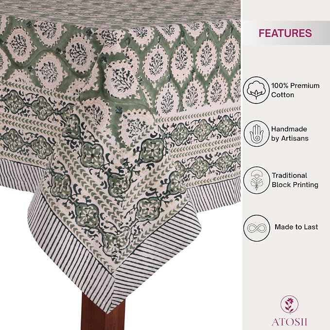 ATOSII Kari Green 100% Cotton Rectangle Boho Summer Tablecloth, Block Print Floral Table Cloth Linen for Dining, Parties, Wedding, Outdoors Home Decor 60 X 108 Inches I 8 Seater I