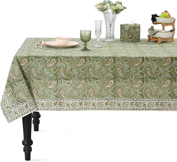 Ridhi Block Print Nostalgic Naturals Rectangle Cotton Tablecloth 108" x 70" Reusable Table Cover Decorative Everyday Use for Dining, Farmhouse, Home Gift for Spring, Easter, Valentine