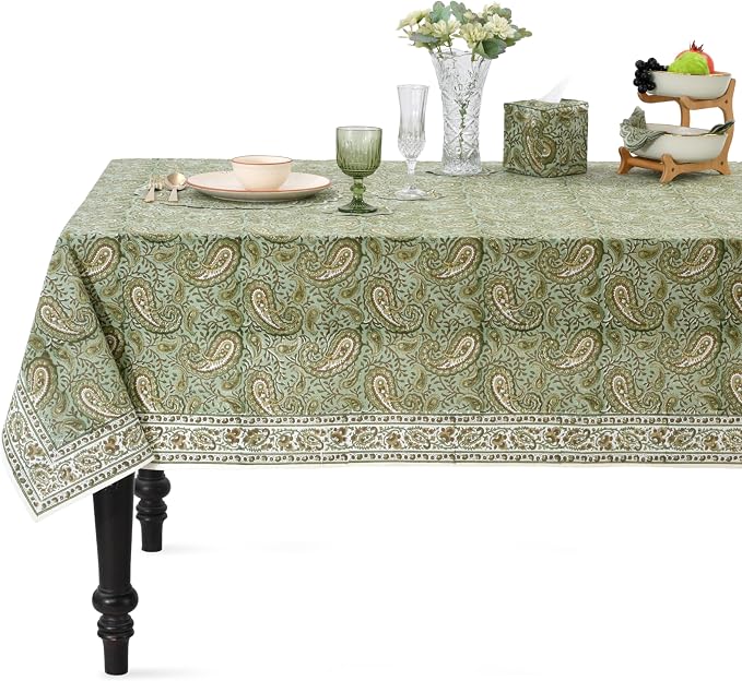 Ridhi Block Print Nostalgic Naturals Rectangle Cotton Tablecloth 140" x 72" Reusable Table Cover Decorative Everyday Use for Dining, Farmhouse, Home Gift for Spring, Easter, Valentine