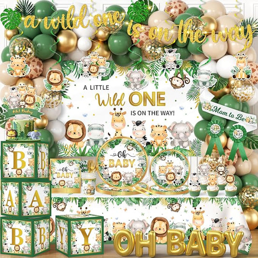 Safari Baby Shower Decorations,262pcs Wild Birthday Decorations Jungle Baby Shower Decorations Plates and Napkin Cups Backdrop Banner Tablecloth Balloons Garland Boxes,Serves 20