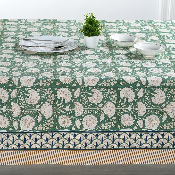 Ridhi Turquoise Moss Green Hand Block Print Cotton Rectangle Tablecloth 118" x 70" inches Reusable Table Cover Decorative Everyday Use for Dining Room, Farmhouse, Home Gift for Spring, Mother's Day
