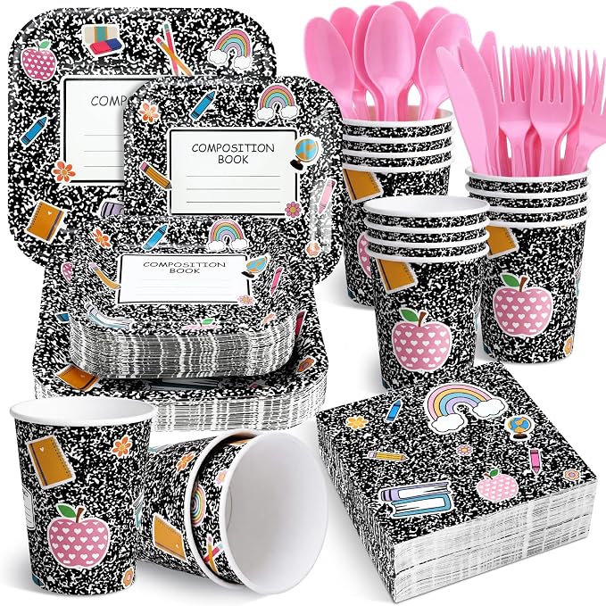 Qinyoung 400pcs/50sets Back to School Tableware Set, First Day of School Party Supplies Includes Disposable Composition Notebook Paper Plate Napkin Cup for Kindergarten Preschool Graduation, 50 Guests
