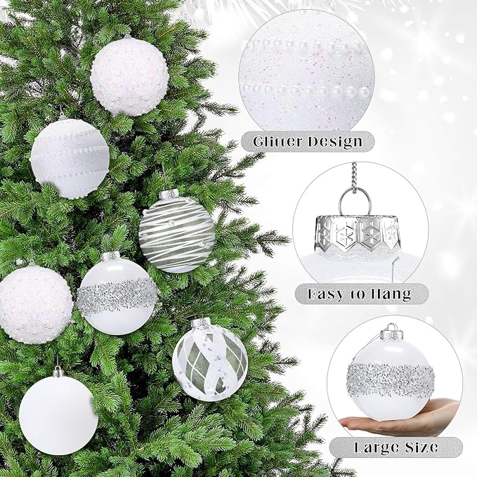 Lyrow 12 Pcs 4 inch Christmas Balls Ornaments Glitter Shatterproof Christmas Decorations Tree Balls Sparkly Holiday Ornaments Bulk for Xmas Trees(White, Silver)