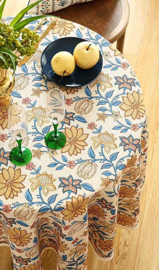 ISAENNE Designer Vintage Linen Round Tablecloth,Diameter 67"-Estevan B | French Elegant Beautiful Printed Table Cloth,Orange Floral Pattern,Durable,Dining,Kitchen,Tea Party,Thanksgiving,Decor
