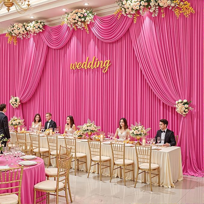6 Panels Hot Pink Backdrop Curtains - Wrinkle Free Fabric Backdrop Curtain for Photoshoot, 10FT Wedding Party Photo Backdrop Drapes for Birthday Baby Shower Photography Stage Background Decorations