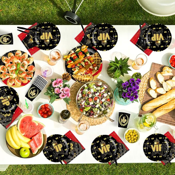 168Pcs Vip Party Decorations Movie Star Red Carpet Plates Napkins Cups Forks Knives Spoons Tableware Set Red Black Cine Film Show Celebrity Activity Graduation Prom Birthday Party Supplies Serves 24