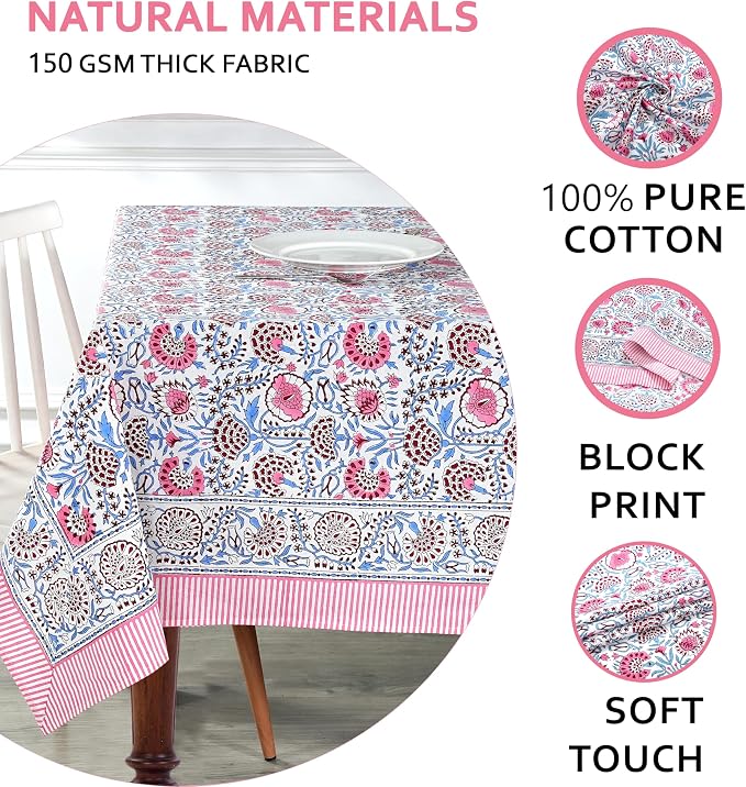 Ridhi Pigeon Blue Hand Block Print Cotton Rectangle Tablecloth 118 x 70 inch-Reusable Table Cover Decorative Everyday Use for Dining Room, Farmhouse, Thanksgiving, Christmas Wedding, Fall