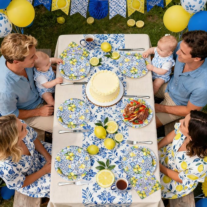 72Pcs Capri Lemon Party Decorations Blue Tiles Yellow Lemon Plates and Napkins Amalfi Coast Party Decorations for Summer Capri Lemon Coast Birthday Bridal Shower Party Supplies Serves 24