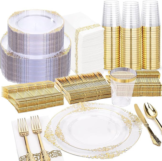 Nervure 350PCS Clear Gold Plastic Plates - Gold Plastic Dinnerware Sets for 50 Guests - 100 Disposable Plates, 150 Silverware, 50 Cups, 50 Napkins for Wedding & Party