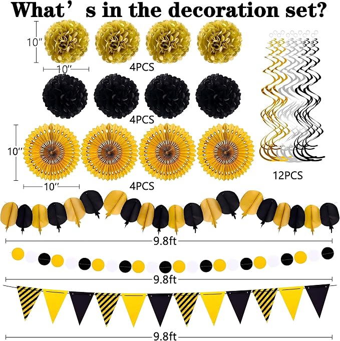 Moon Boat 35PCS Party Decorations Paper Fan Hanging Set - Birthday,Graduation,Baby Shower,Wedding,Retirement,Black and Gold Decor（Black）