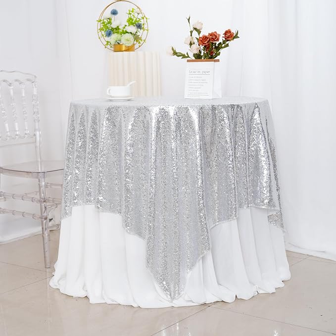 Poise3EHome Silver Sequin Tablecloth 90×90 Inch Square Sequin Fabric Table Cover Overlay for Christmas Baby Shower Birthday Party Wedding Holiday Cake Table Decoration