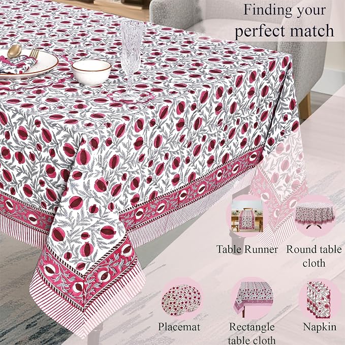 Ridhi Sangria Red Hand Block Print Cotton Rectangle Tablecloth 118" x 70" inches Reusable Table Cover Decorative Everyday Use for Dining Room, Farmhouse, Home Gift for Spring, Mother's Day