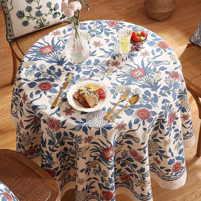 patdrea Vintage French Linen Tablecloth,Round,Diameter 67"-Ivar A | Elegant Colorful Table Cloth for Round Table,Blue and White Floral Patterned,Dining Room Tea Party Thanksgiving