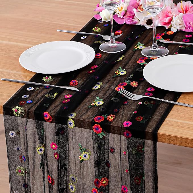 BINBE 12pcs Daisy Spring Table Runner Embroidery Gauze 10FT Florals Seasonal Tulle Holiday Birthday Kitchen Dining Table Decor for Home Party Black