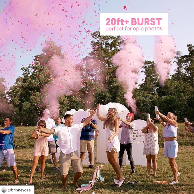 PrimePure Gender Reveal Confetti Cannon - Butterfly Confetti Popper & Biodegradable Powder Cannon - Pink, 4 Pack - Baby Girl Gender Reveal Smoke Bombs Baby Powder Pink Paper Party Poppers