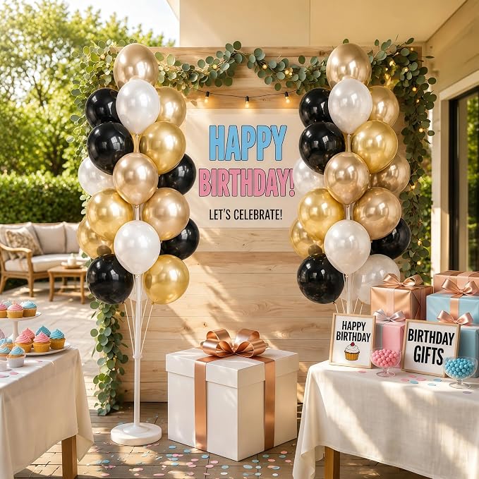 Balloon Column Kit Set of 2 With Balloons Included - with Base, and Pole,Balloon Tower Backdrop Decoration for Wedding, Baby Shower, Birthday Party, or Bachelorette Parties (Black Champagne Gold)