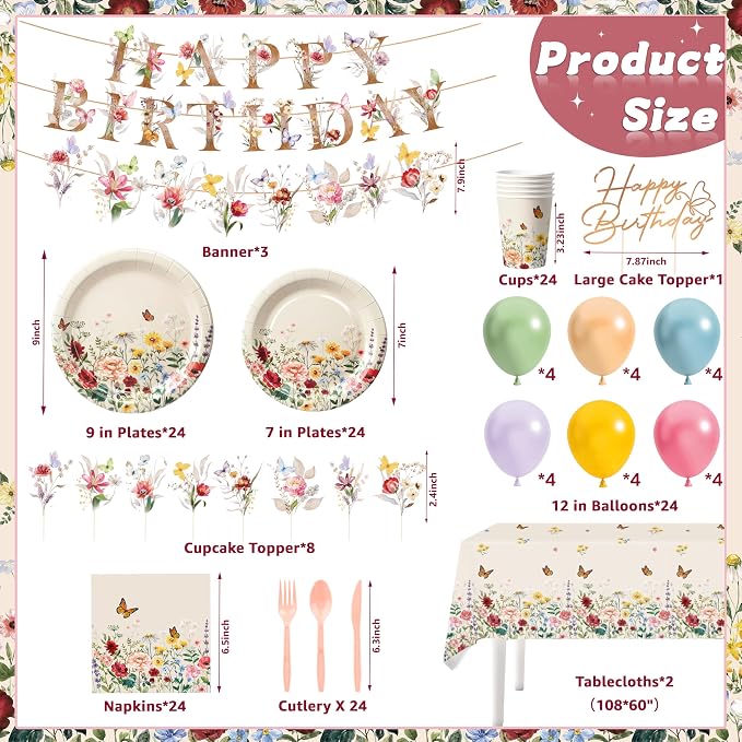 BORAMDO 206 PCS Wildflower Birthday Party Decoration,Spring Floral Baby Shower Decor with Plates Napkins Cups Cutlery Tablecloths Cake Toppers Banner Balloons for Flower Garden Party Supplies(Vintage)