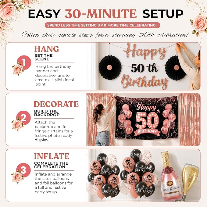 Premium 50th Birthday Decorations for Women - Rose Gold & Black 40 Pc Kit | 2026 Family Choice Award winner; Oxford-cloth backdrop (not paper), 30+ balloons, banner, tiara, sash & printable signs