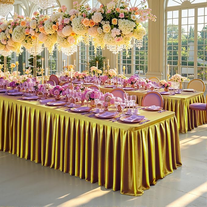 2 Packs Gold Satin Tablecloths Rectangle 8FT, Glitter Spandex Fitted Stretch Table Covers Wrinkle-Free Floor Length Shimmer Table Skirt for Weddings Parties Baby Shower Banquets Vendor Events