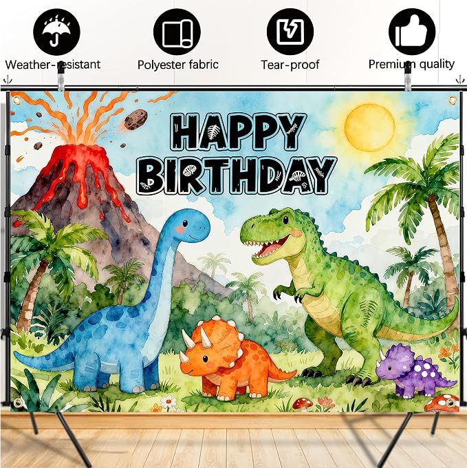 Dinosaur Birthday Backdrop 7x5FT – Happy Birthday Dino Banner with Ribbon & Grommets, Green Jungle Dinosaur Photo Background for Kids Boy Girl Birthday Party Decor