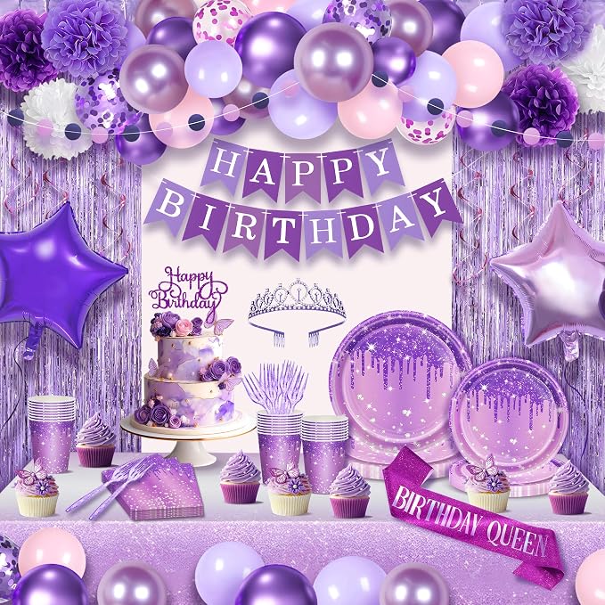 199 Pcs Purple Birthday Party Decorations For Women，Happy Birthday Party Decorations For Girls, 100 Pcs Paper Plates,Napkins and Forks for 20 Guests,Bday Sash and Crown,20 Tableware Sets