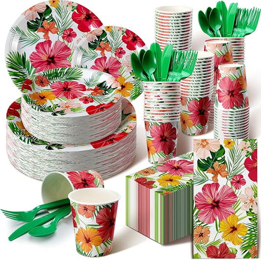 Sinmoe 400 Pcs Summer Plates and Napkins Set Summer Paper Dinnerware Disposable Party Supplies for 50 Guest Dinnerware Knife Fork Spoon for Birthday Party(Mixed Color,Hibiscus)