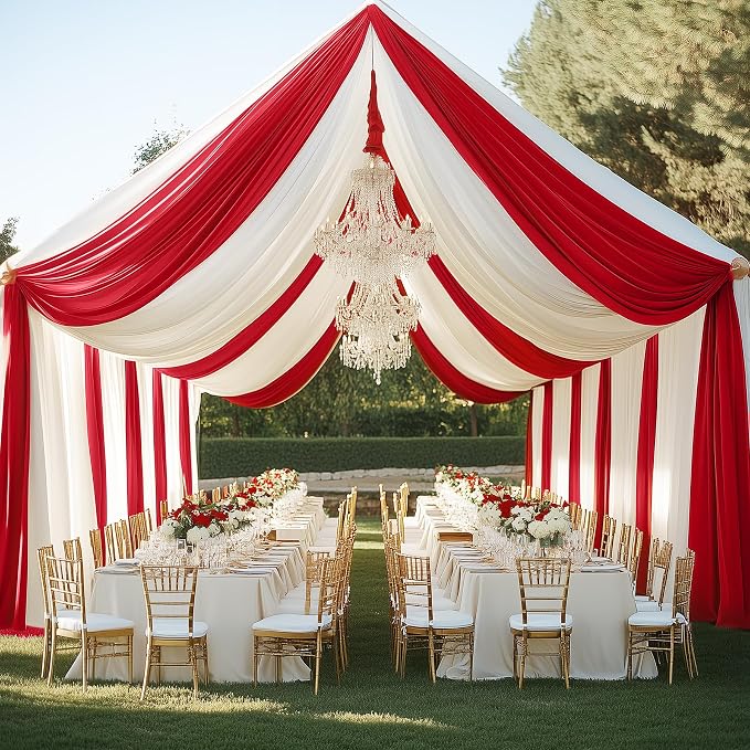 4 Panels 5x20ft Red Ceiling Drapes for Wedding Parties, Wrinkle Free Thick Polyester 20ft Extra Long Wedding Draping Red Ceiling Curtains Arch Drapery