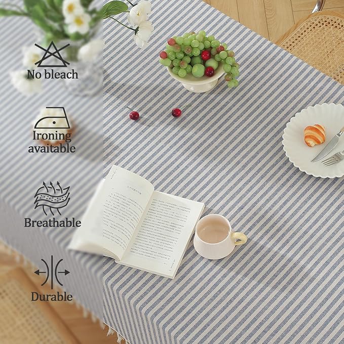 meioro Table Cloth Blue White Striped Tablecloth Tassels Cotton Blend Dust-Proof Table Cover for Dining Coffee Buffet Kitchen Picnic Tables, Parties Tablecloths.(Rectangle/Oblong, 55 x 120Inch)