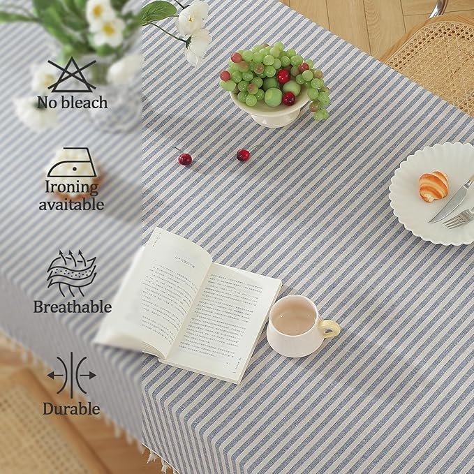 meioro Rectangle Striped Tassels Tablecloth Cotton Blend Stain and Wrinkle Resistant Washable SquareTable Cloth Cover for Indoor or Outdoor Events & Parties(Blue 24x24 Inch)