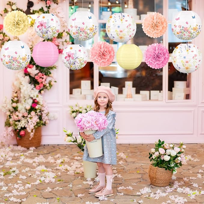Renbuzhu 13PCS Wildflower Party Decorations Hanging Paper Lanterns Pom Poms for Baby in Bloom Baby Shower Fairy Birthday Tea Garden Spring Home Indoor Outdoor