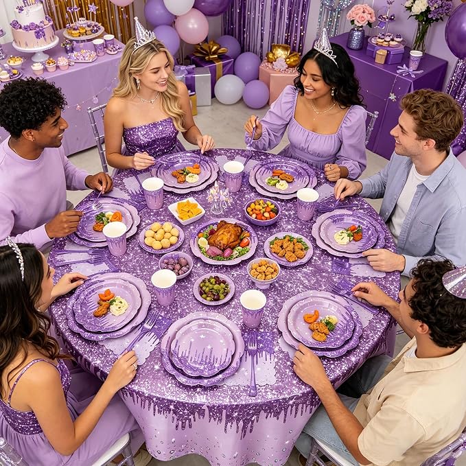 Purple Glitter Plates and Napkins Party Supplies Set, Scalloped Disposable Plates Cups Napkins Forks Tablecloth for Princess Birthday Baby Shower Bridal Shower Wedding Decorations, Serves 24 Guests