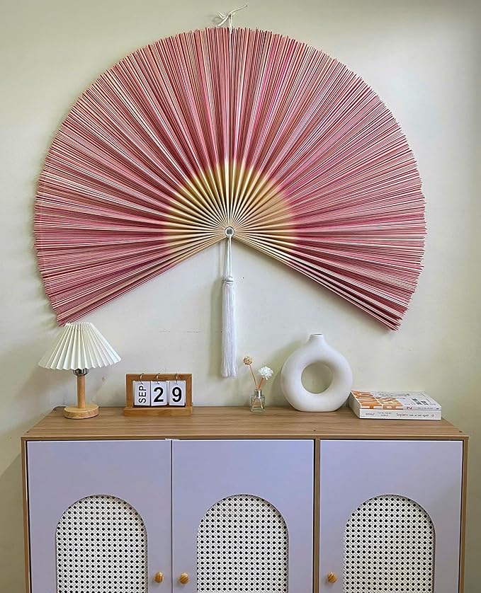 Fan Wall Decor,Japanese Chinese Walls Fan Décor, Boho Hanging Headboard,Decorative Folding Fans for Over Bed Decorations (Redpink 48inch)