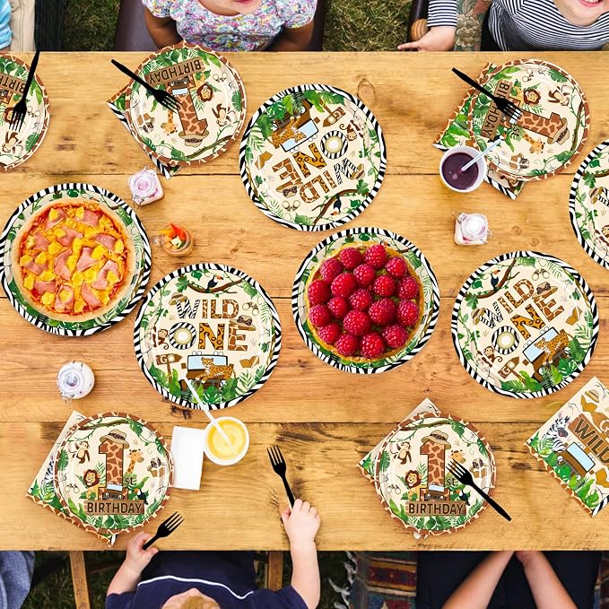 96 Pcs Wild One Birthday Party Decorations Jungle Animal Safari Plates and Napkins Mouse Safari Woodland Themed Tableware Set for Boys Girls 1st Birthday Baby Shower Party Supplies, Serves 24