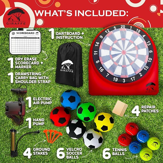 GIRAFFE Giant Inflatable Dartboard Yard Game Set, Big Blow Up Kick Giant Dart Board with Air Pump, Target Game, 6 Jumbo Lawn Games for Kids, Inflatable Games Outdoor, Family Activities, Carnival Party