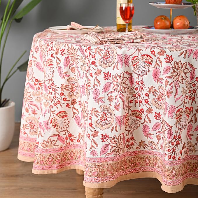 Hand Block Printed Tablecloth – Colorful Floral Print | 100% Cotton | Indian Artisan Handmade Art | Dining Room, Kitchen, Outdoor Décor, (Pink Meadow Bloom, 4 Seater 60 Inches Round)