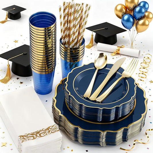 200PCS Premium Blue Plastic Plates, Plastic Graduation Plates, Heavy Duty Blue and Gold Disposable Plate, 25 Dinner/Dessert Plates, 75 Silverware Set, 25 Cups, Straws for Party(25 Guests)