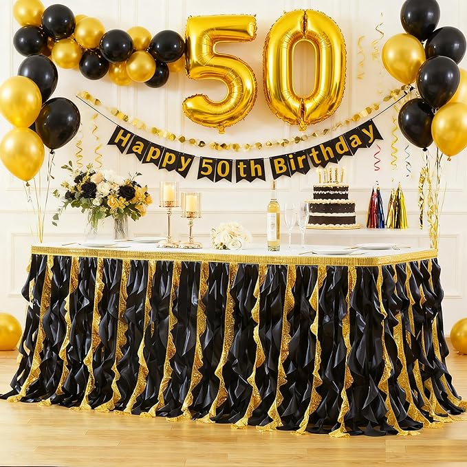 Wish Care 14ft Black Gold Sequin Tutu Table Skirt for Rectangle Tables Glitter Curly Willow Table Skirting Ruffle Table Cloth Desk Skirts for 50th Birthday Graduation Prom Theme Party Decorations
