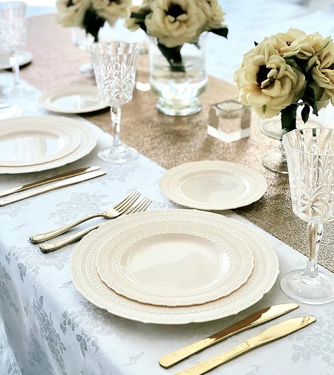 OCCASIONS 120 Guests Heavy Duty Disposable Plastic Plates Set – 11" Dinner & 8.25" Salad Plates, Premium Reusable Party Plates for Weddings, Events, Fancy Dinnerware – Chateau Ivory