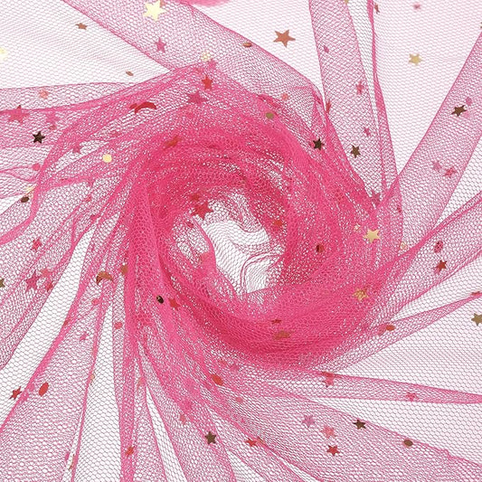 uxcell 60" x 8.7 Yard Tulle Fabric Star Moon Sequin Tulle Ribbon Rolls for Wedding Party Backdrop Stage Tutu Dress Bridal Veil DIY Sewing Crafts Decoration, Rose Red